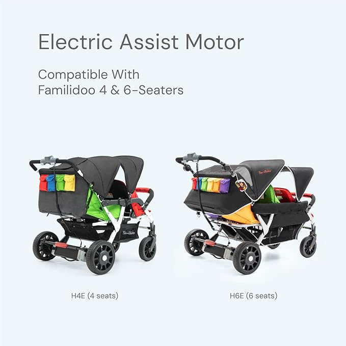 Familidoo Quad Stroller with Electric Assist Motor, Baby Stroller with All Reclining Seats - 4 Seat Stroller with 5-Point Harness for Safe and Secure Travel - for 6 Months to Toddler (Olive)