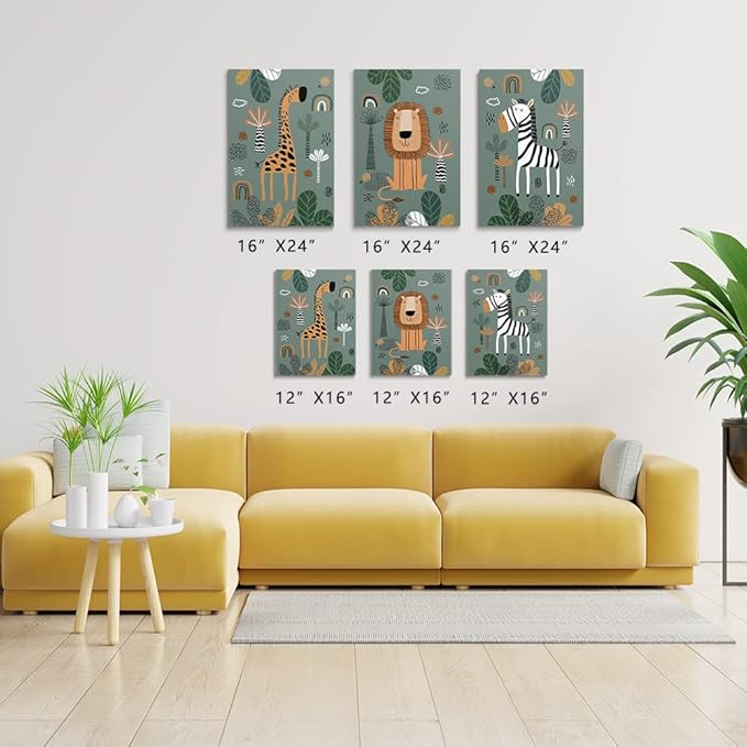 SKYSUKEY Boho Safari Nursery Prints Neutral Wall Art, Framed Green Canvas Prints, Safari Baby Animals Wall Art Set of 3, Framed, Boys Girls Kids Room Wall Decor, 12"x16"