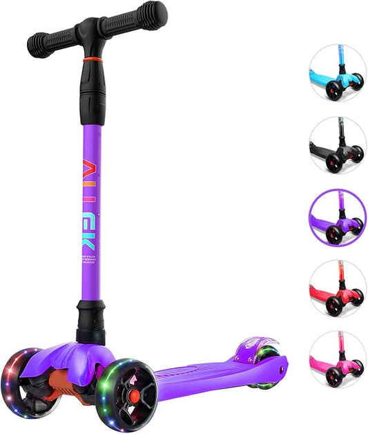 Allek Kick Scooter B02, Lean 'N Glide Scooter with Extra Wide PU Light-Up Wheels and 4 Adjustable Heights for Children from 3-12yrs (Purple)