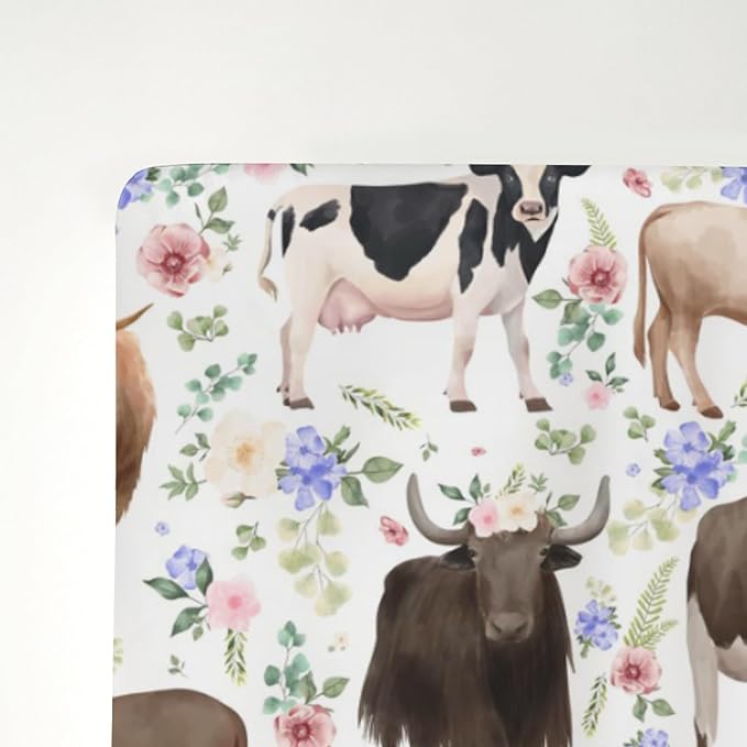 Highland Cows Boho Flowers Baby Crib Sheets for Boy Girl 52x28Inch Cows Breeds Farm Soft Snug Fitted Crib Mattress Cover Country Farmhouse Animal Baby Sheet for Crib and Toddler Bed Mattresses