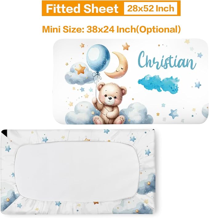 Custom Baby Bedding Set, Personalized Blue Moon Bear Bedding, Baby Blanket Fitted Sheet Changing Cover Nursery Rug Room Decor Gift Idea
