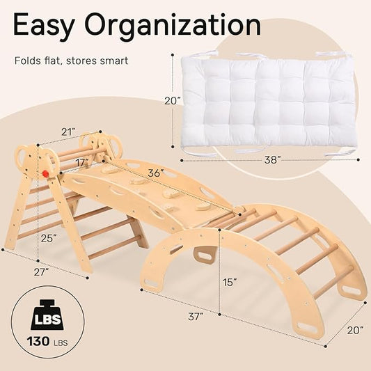 wingyz Pikler Triangle Climbing Set with Cushion,Foldable 8 in 1 Jungle Gyms for Toddlers 1-3, Indoor Playground for Kids,Baby Montessori Climbers & Play Structures(Teak)