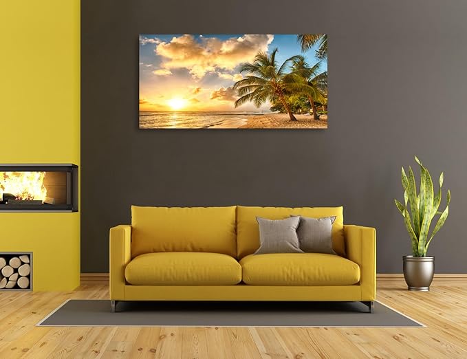 KUNHAAH Wall Art Canvas Painting Golden Ocean Beach Palm Tree 1 Piece Sunset See Coconut Trees Landscape Picture Poster Print Framed and Stretched Ready to Hang for Living Room Bedroom Office Artwork