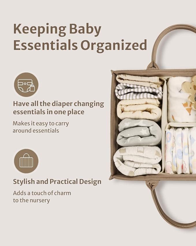 Blissful Diary Baby Diaper Caddy Organizer, Stylish Storage Basket for Newborn Essentials and Diaper Station, Gift for Baby Shower and Registry Must-Have, Mocha Brown