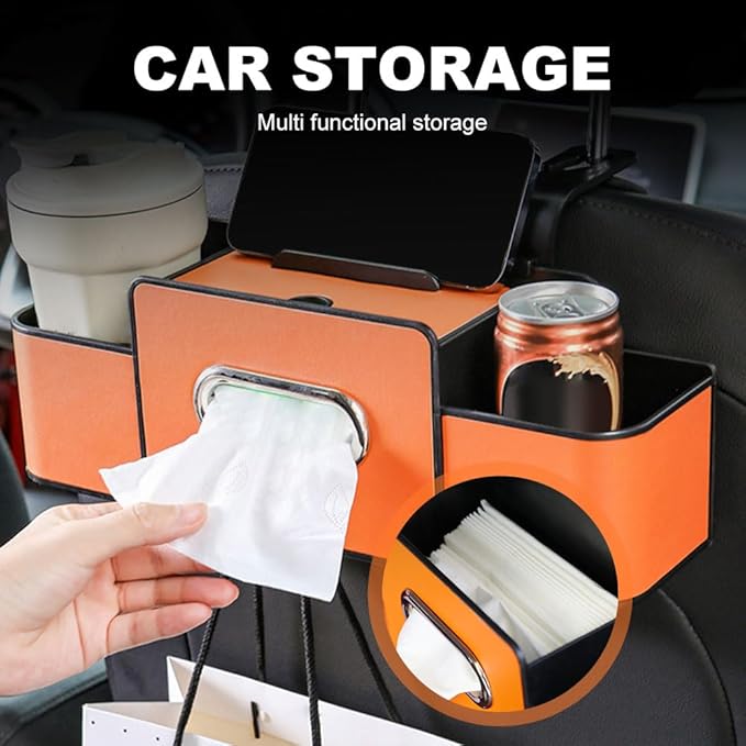 Multifunctional Car Seat Back Storage Box, 2026 New 3-in-1 Back Seat Car Organizer with Cup Holder Tissue Box Headrest Hook, Car Backseat Organizer for Hold Phone, Snacks, Drinks, Handbags (Brown)
