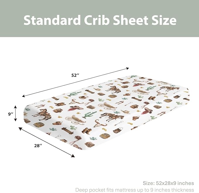Western Cowboy Baby Crib Sheets for Boy 52"x28" Cowboys Horse Boots Hats Golds Cactus Soft Snug Fitted Crib Mattress Cover Wild West Cowboy Life Baby Sheet for Standard Crib & Toddler Bed Mattress