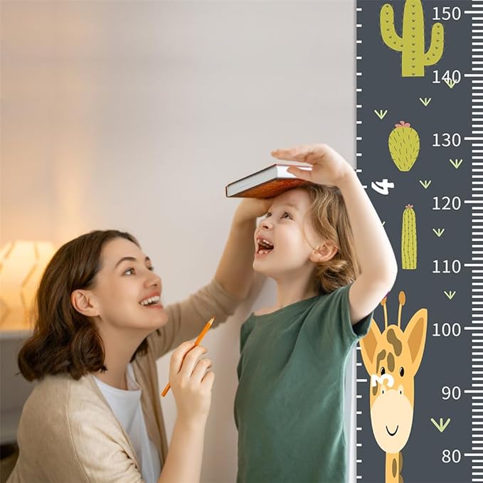 Baby Height Growth Chart - Canvas Height Chart for Kids Baby Child Toddler Boys Girls Growth Chart for Wall Room Nursery Decor Hangable and Removable Measuring Wall Ruler (Cactus Giraffe, Beige Wood)