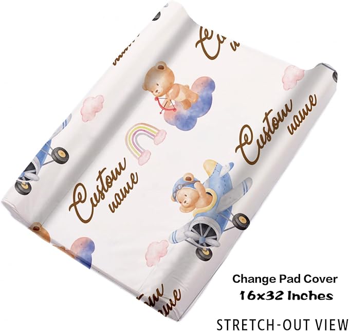 Aviator Bear Personalized Baby Crib Bedding Set, Custom Name Nursery Crib Set 5-Piece - Baby Blanket Fitted Sheet Changing Pad Cover Room Rug and Wall Art, Newborn Nursery Decor