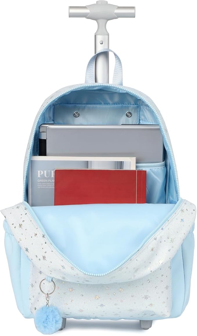 kingdisen Cute travelers club blue Rolling Backpack for women with wheels Rolling cart (HEY BLUE)