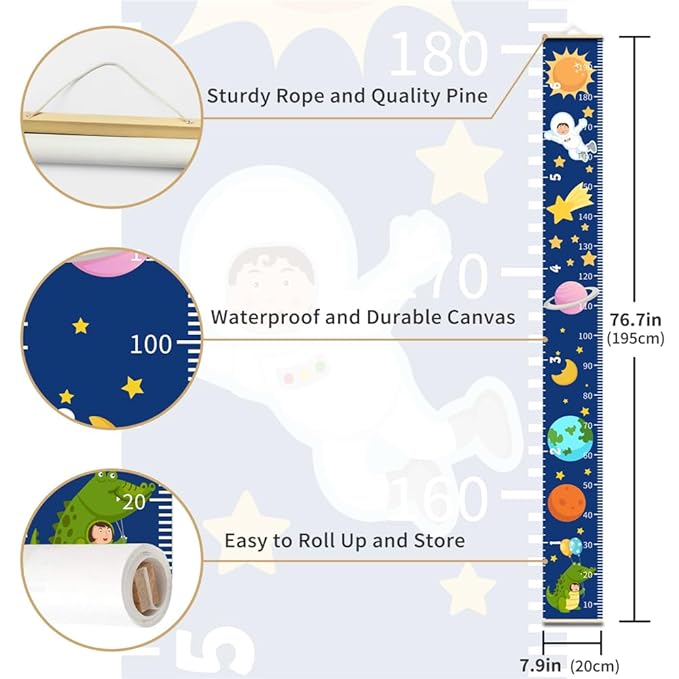 Baby Height Growth Chart - Canvas Height Chart for Kids Baby Child Toddler Boys Girls Growth Chart for Wall Room Nursery Decor Hangable and Removable Measuring Wall Ruler (Space, Black Wood)