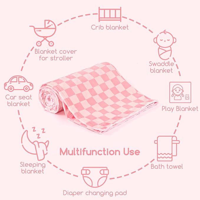 Baby Blankets for Girls, Toddler Newborn Blanket Double Layer with Dotted Backing Crib Receiving Blanket for Toddler Nursery Bed Blanket, Pink Checkered, 30x40 Inches