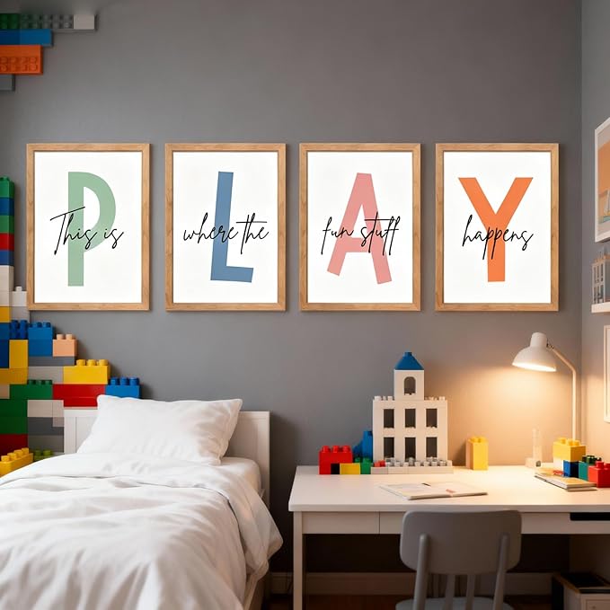 Cute Alphabet Play Framed Wall Art Set of 4, Natural Educational Alphabet Wooden Sign for Baby Girl Kid Boy Toddlers, Neutral Boho Preschool English Letters Nursery Decor for Homeschool Playroom