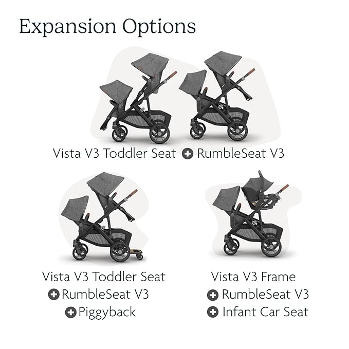 UPPAbaby RumbleSeat V3 Second Lower Seat - Compatible with Vista V2 and Vista V3 - All-Weather Seat + Magnetic Buckle – Adapters Included - Savannah (Pearl Gray Jacquard/Carbon Frame/Chestnut Leather)