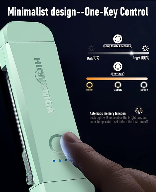 HIONXMGA Book Reading Light,Silent Touch Books Lamp for Reading in Bed,Rechargeable Clip on Booklight with 3 Amber Colors & 7 LEDs Precise Dimming for Eye Caring Night Reading,Book Lovers,Kids,Mint
