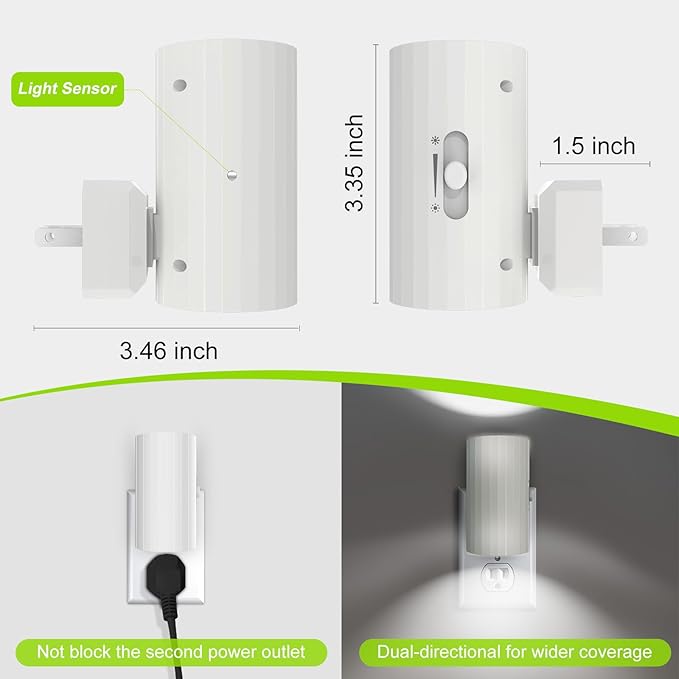 Modern Led Night Lights - Sensor Dusk To Dawn, 5000K Daylight White, Dimmable 0-100 LM, 2 Pack for Bathroom, Bedroom, Kitchen, Toilet, Hallway