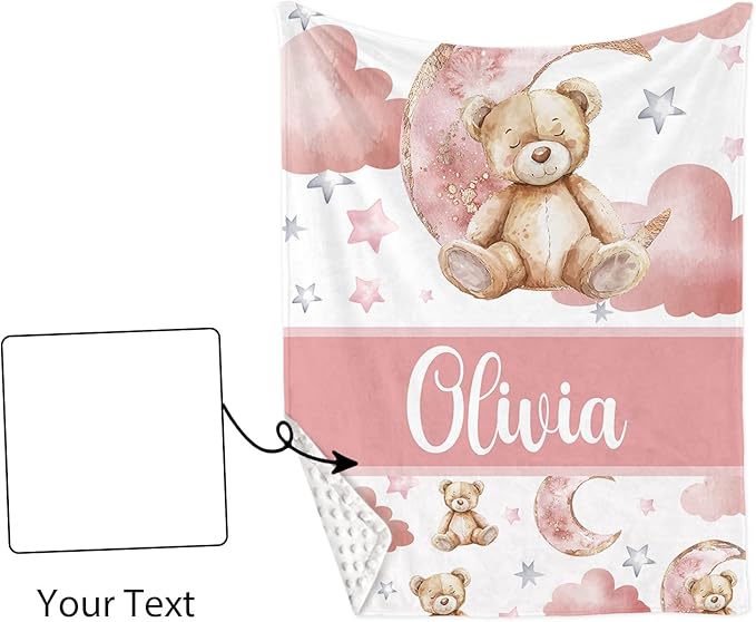 Personalized Crib Bedding Set, Toddler Pink Bear Theme Set with Name, 2 Pcs Baby Crib Set for Infant Babys, Comfort Double Layer Blanket and Crib Sheet, Newborns Gifts for Baby Girls