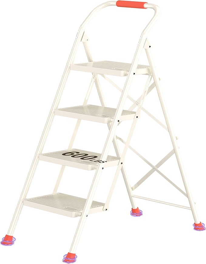 Foldable Step Ladder Stool - 600Lbs Heavy Duty Tall 4-Step Extension Ladder with Handrails for Home Adults, Ideal for Kitchen & Indoor Closet Use - Extendable Stepping Stool for Indoor Households