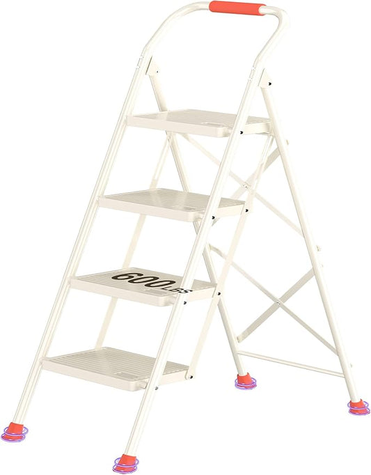 Foldable Step Ladder Stool - 600Lbs Heavy Duty Tall 4-Step Extension Ladder with Handrails for Home Adults, Ideal for Kitchen & Indoor Closet Use - Extendable Stepping Stool for Indoor Households