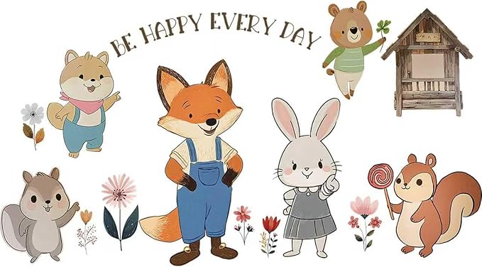 PQQIEE Woodland Animal Wall Decals, Be Happy Every Day Nursery Wall Stickers, Fox Rabbit Bear Squirrel Design, 35.43x19.68 Inch, Kids Room Decor