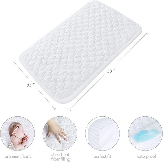 Mini Crib Mattress Protector Cover 38" x 24", 2 Pack Waterproof Mini Crib Mattress Pad Sheets for Babyletto, Dream On Me, Delta, Quilted Cotton Terry Surface
