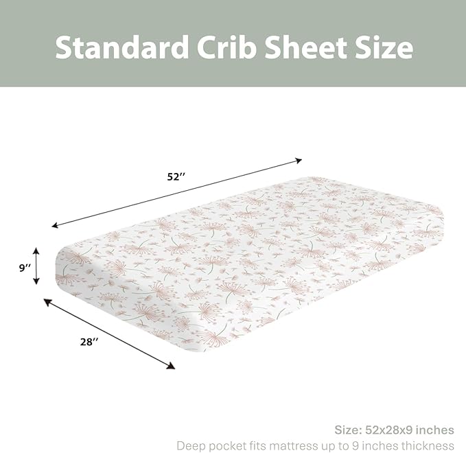 Pink Dandelions Flower Baby Crib Sheets for Boy Girl 52x28Inch Nature Neutral Floral Soft Stretchy Fitted Crib Mattress Cover Spring Summer Baby Sheet for Crib and Toddler Bed Mattresses
