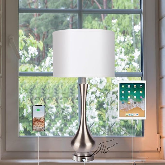 MWWANJLEE Touch Lamp for Bedroom, Nightstand Lamp with USB Port & White Shade, Tall 30" Beside Lamps with Metal Base Design, 3 Way Dimmable Touch Control Table Lamps for Living Room, Bedroom, Office