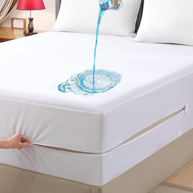 Full Waterproof Zippered Mattress Encasement, Breathable, Noiseless, Machine-Washable Zipped Mattress Cover, Fitting 7" - 13" Deep Mattress