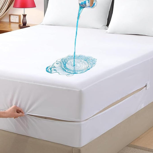 Queen Waterproof Zippered Mattress Encasement, Breathable, Noiseless, Machine-Washable Zipped Mattress Cover, Fitting 7" - 15" Deep Mattress