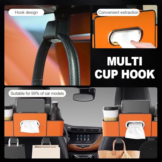 Multifunctional Car Seat Back Storage Box, 2026 New 3-in-1 Back Seat Car Organizer with Cup Holder Tissue Box Headrest Hook, Car Backseat Organizer for Hold Phone, Snacks, Drinks, Handbags (Brown)