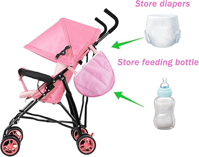 2 Pcs Portable Side Sling Stroller Cargo Net ,Non-Slip and Adjustable Straps Storage Mesh Bag ,Food Storage , Fruit Storage Bag for Baby Stroller Cargo Mesh Cargo Net for Stroller Storage (Pink)