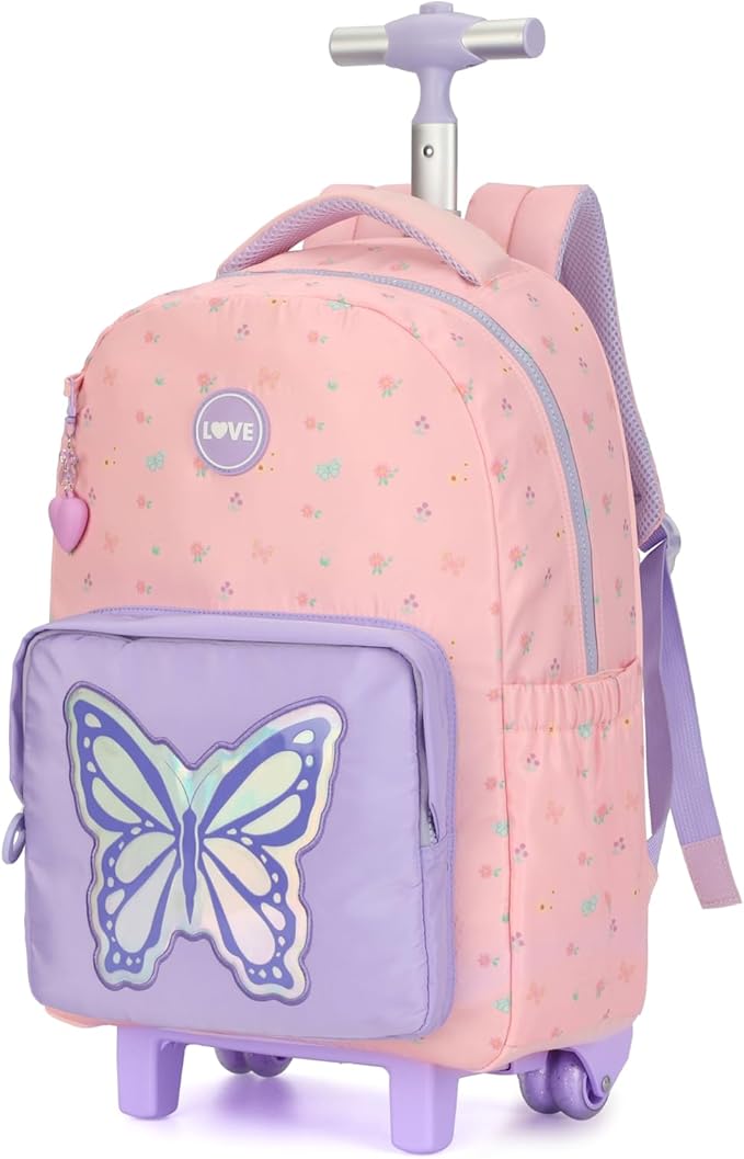 kingdisen Rolling Backpack for Women, 17 Inch Travel Backpack with Wheels, Vertical Storage Wheeled Laptop Backpack, Stylish Rolling Laptop Bag(BUTTERFLY PINK)