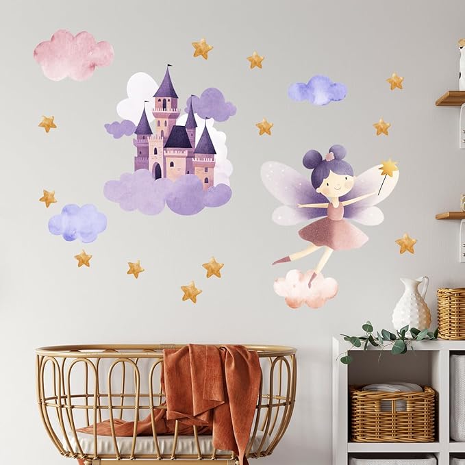 Flower Fairy Wall Decal，Butterfly Fairy Stars Wall Stickers，Cartoon Princess Butterfly Girls Decal，Removable Vinyl for Girls Bedroom Baby Nursery Kids Room Wall Decor. (Fairy Castle Wall Stickers)