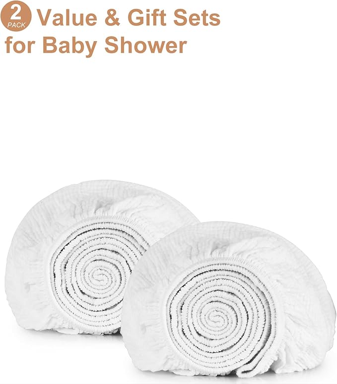 2 Pack White Muslin Mini Crib Sheets for Girl and Boy- Neutral Breathable Mini Crib Mattress Sheets Fitted for 24"x 38" -Nursery Décor Soft No Slip Crib Bed Sheets