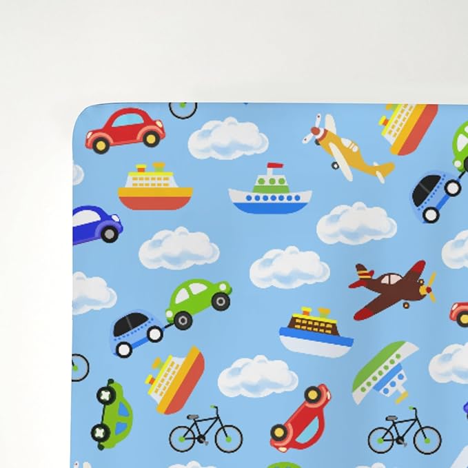 Planes Automobiles Transport Baby Crib Sheets for Boy Girl 28"x52" Airplanes Boats Bike Car Clouds Blue Soft Stretchy Fitted Crib Mattress Cover Travel Baby Sheet for Standard Crib & Toddler Mattress
