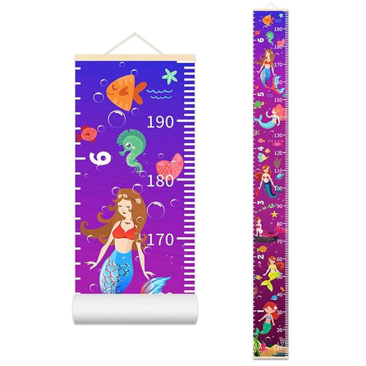 Nustila Ocean Mermaid Growth Chart for Kids Baby Height Chart Ruler Removable Canvas Wooden Frame Hanging Wall Rulers Measurement Charts for Toddler Room Nursery Decor - 79"X7.9" with Beige Wood