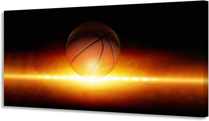 KUNHAAH Wall Art Canvas Painting Abstract Sports Background 1 Piece Basketball Bright Spotlight from Glowing Horizon Picture Poster Print Framed and Stretched Ready to Hang for Living Room Bedroom