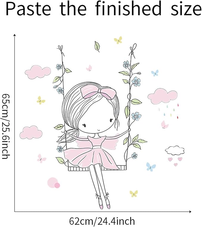 ROFARSO Colorful Cute Lovely Little Girl On The Swing Wall Stickers for Kids Peel and Stick Removable Wall Decals DIY Decorations Decor for Nursery Baby Girls Bedroom Playroom Living Room Murals