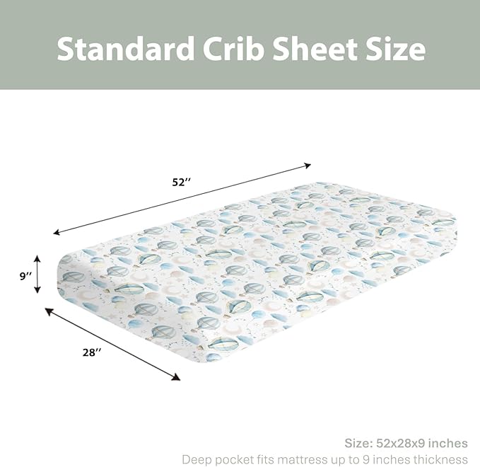 Neutral Blue Hot Air Balloons Baby Crib Sheets for Boy Girl 52"x28" Pastel Balloons Moon Stars Clouds Soft Snug Fitted Crib Mattress Cover Boho Sky Nursery Baby Sheet for Crib & Toddler Bed Mattress
