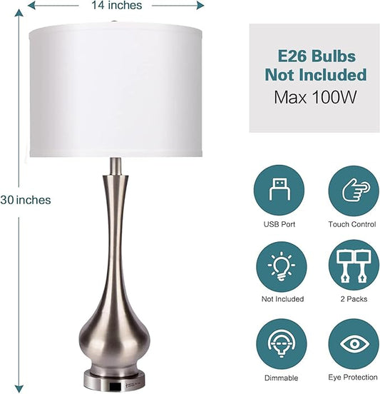 MWWANJLEE Touch Lamp for Bedroom, Nightstand Lamp with USB Port & White Shade, Tall 30" Beside Lamps with Metal Base Design, 3 Way Dimmable Touch Control Table Lamps for Living Room, Bedroom, Office
