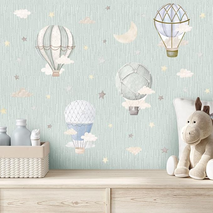 YIMEHDAN Watercolor Hot Air Balloon Wall Decals, Stars Clouds Balloon Vinyl Wall Stickers, Peel and Stick Colorful Artwork for Nursery Bedroom Toddler Room Playroom Decor