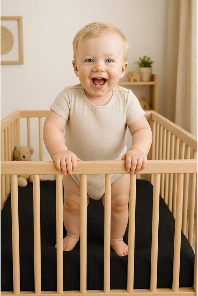 2 Pack Muslin Crib Sheets for Boys & Girl- Neutral Breathable Cotton Crib Mattress Sheets Fitted for Standard 28"x 52"- Nursery Décor No Slip Bed Sheets- Black & White