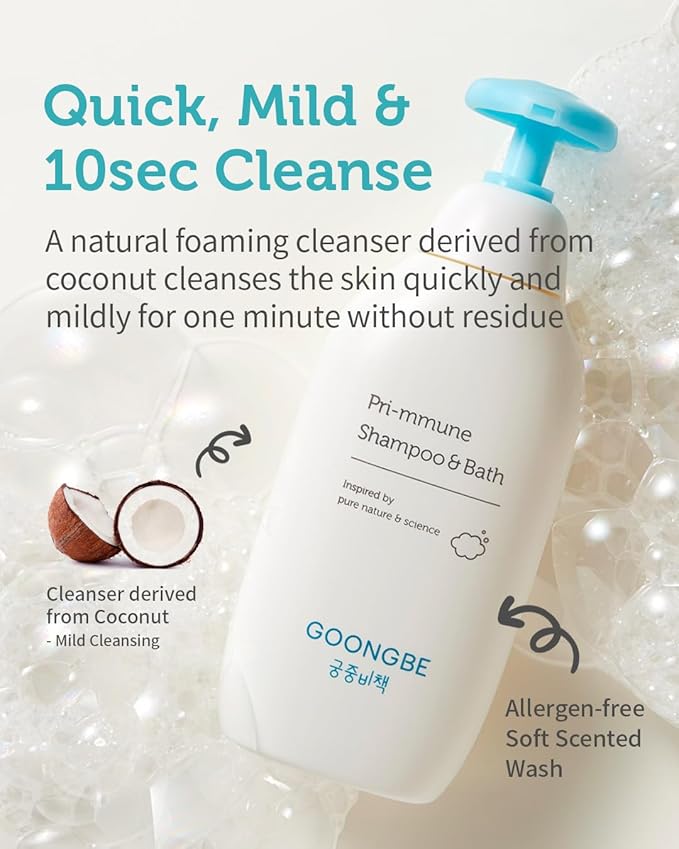 GOONGBE Pri-mmune Shampoo & Bath - Korean Baby Wash - Hypoallergenic Head to Toe Cleanser - Paraben-Free Formula For Sensitive Hair & Skin, 11.8 fl.oz. 2 Pack