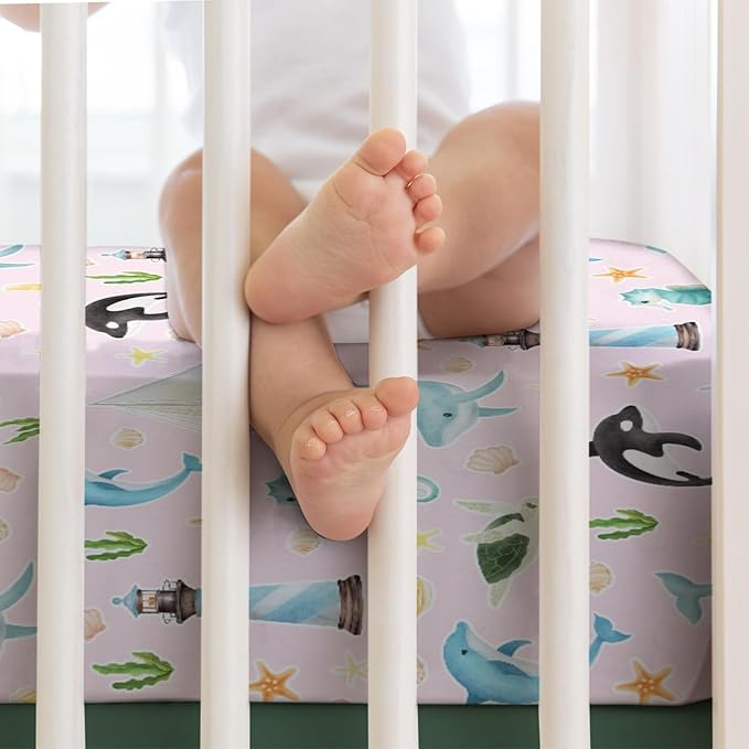 Colorful Sea Animals Baby Crib Sheet 52''x28'' Ocean Whale Dolphin Turtle Shells Coral Lighthouse Ship Stretchy Fitted Crib Mattress Cover for Boy Girl Baby Sheets for Standard Crib Toddler Mattress