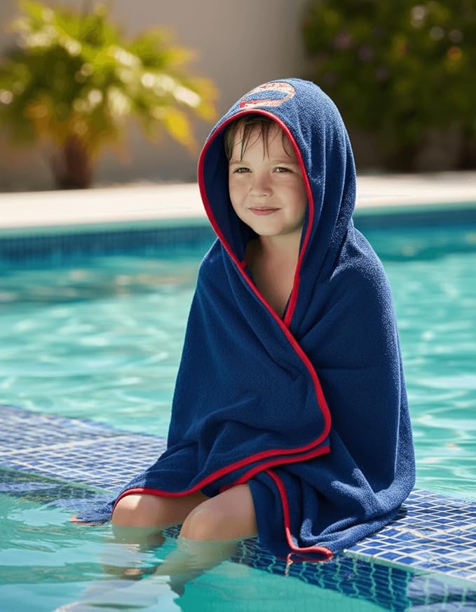 BAGNO MILANO Kids Organic Turkish Cotton Hooded Beach Cover-Up Towel, GOTS Certified, for Boys and Girls (Racer Navy, 24"x48"+8"/Hooded Towel)