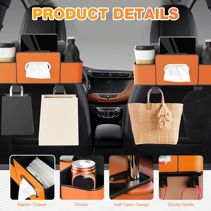 PETUPS 3-in-1 Car Backseat Organizer with Cup Holder, Tissue Box, Trash Bin & Hooks, 2026 Multifunctional Back Seat Car Organizer for Phones, Snacks, Drinks, and Handbags (brown)
