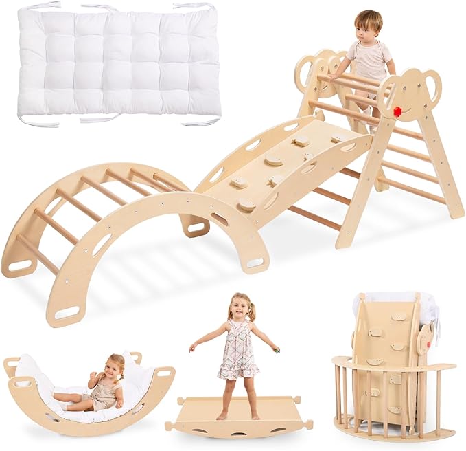 wingyz Pikler Triangle Climbing Set with Cushion,Foldable 8 in 1 Jungle Gyms for Toddlers 1-3, Indoor Playground for Kids,Baby Montessori Climbers & Play Structures(Teak)