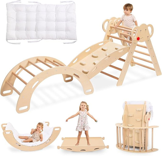 wingyz Pikler Triangle Climbing Set with Cushion,Foldable 8 in 1 Jungle Gyms for Toddlers 1-3, Indoor Playground for Kids,Baby Montessori Climbers & Play Structures(Teak)