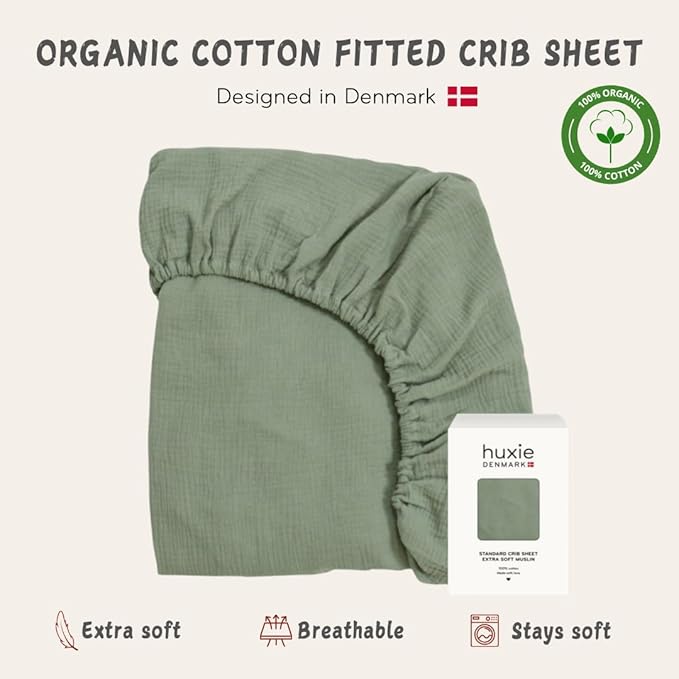 Crib Sheets – Organic Cotton Muslin Fitted Crib Sheet – Standard Size for Baby Boy and Baby Girl 28" x 52" Ultra-Soft and Breathable. (Roman Green)