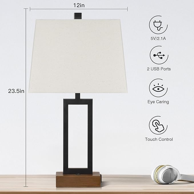 Lolikit Table Lamp for Bedroom Set of 2 with 2 USB Ports and AC Power Outlet, 23.5" Modern Bedside Lamp, Wood Nightstand Lamp with Linen Shade for Living Room Hotel Desk(LED Bulb Included)