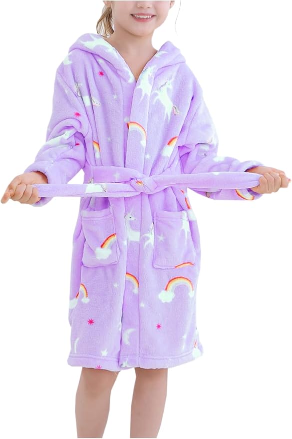 Girls Fleece Hooded Robes, Kids Soft Premium Fuzzy Bathrobe for Gifts, 2-12 Years